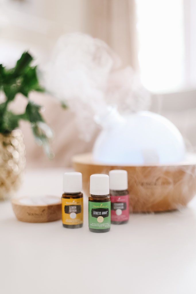 essential oils bottles in front of a glass dome diffuser