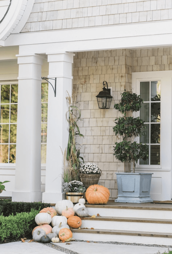 traditional fall decor with pumpkins and topiaries