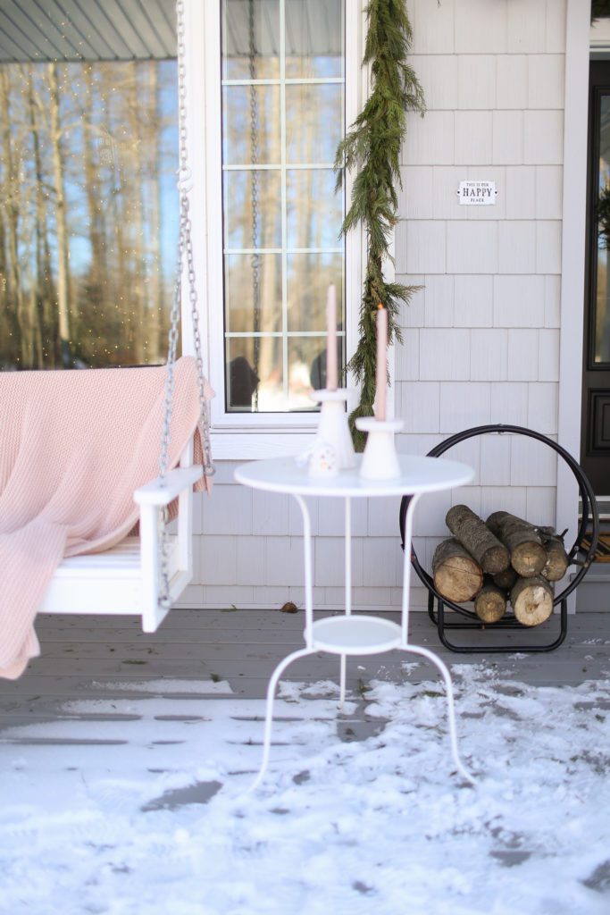 side table on winter front porch